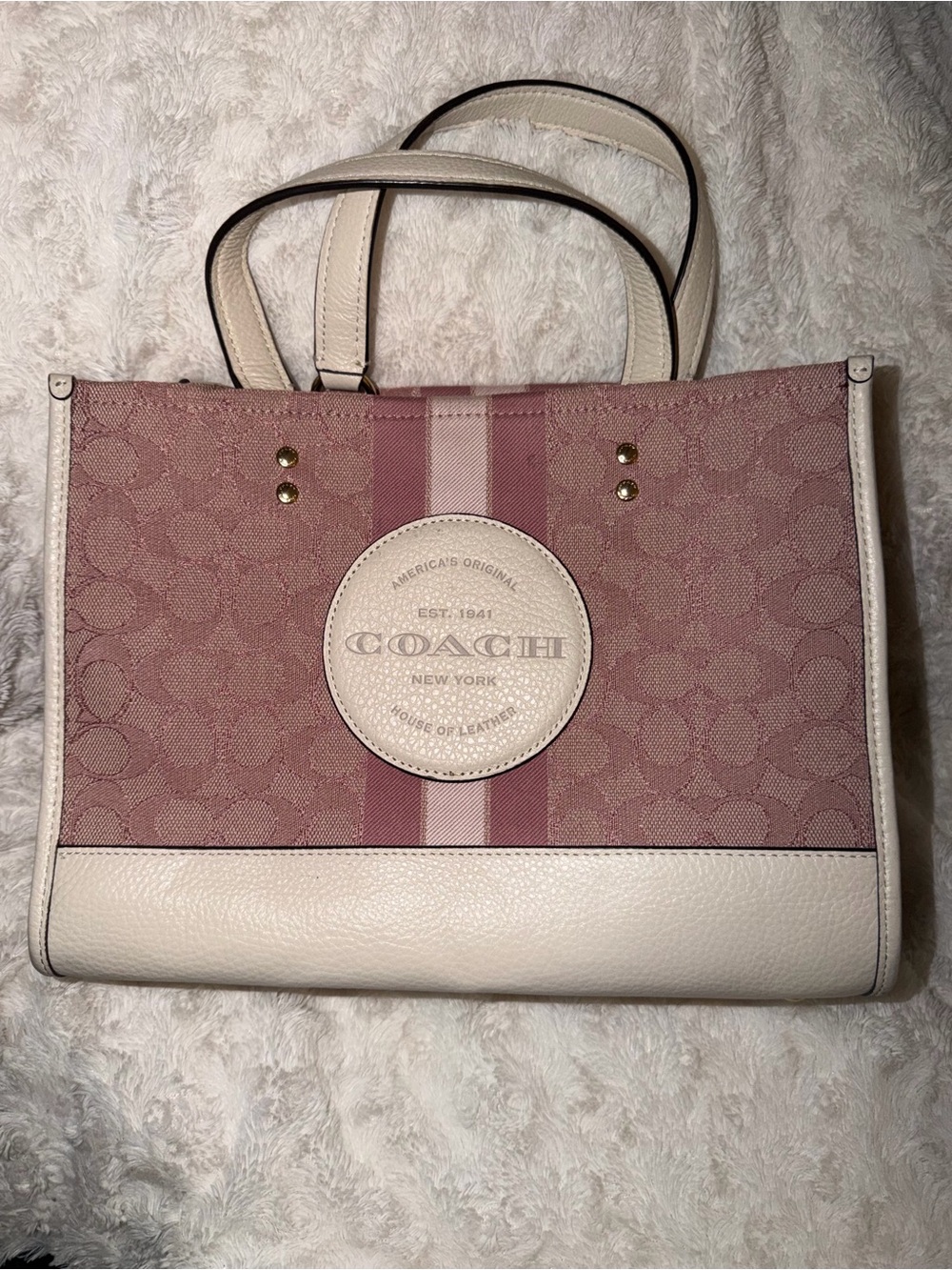 Coach Pink and Cream Signature Stripe Tote